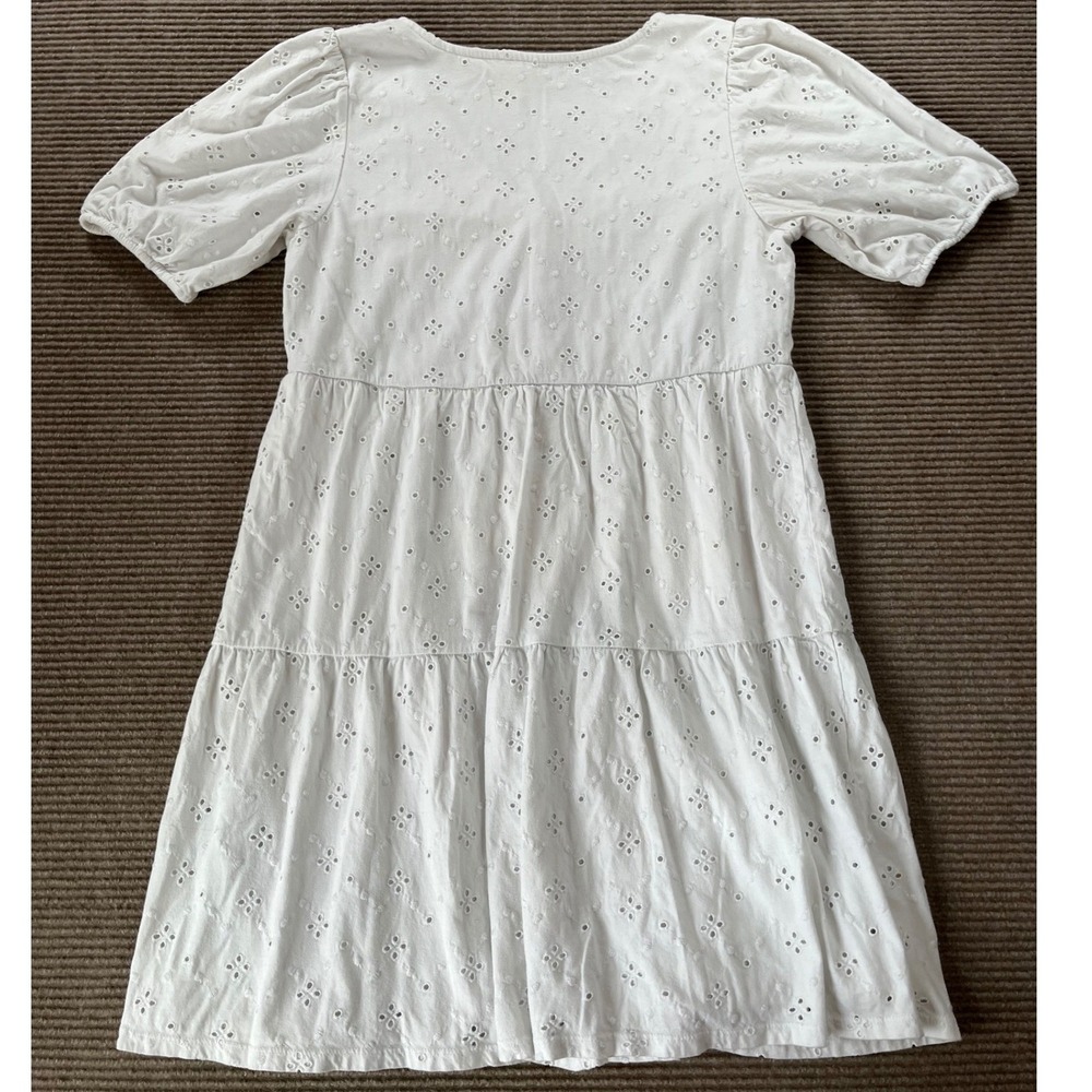 Loft White Eyelet Tiered Mini Dress V-Neck Puff Sleeve Cotton‎ Size Small - Picture 4 of 6